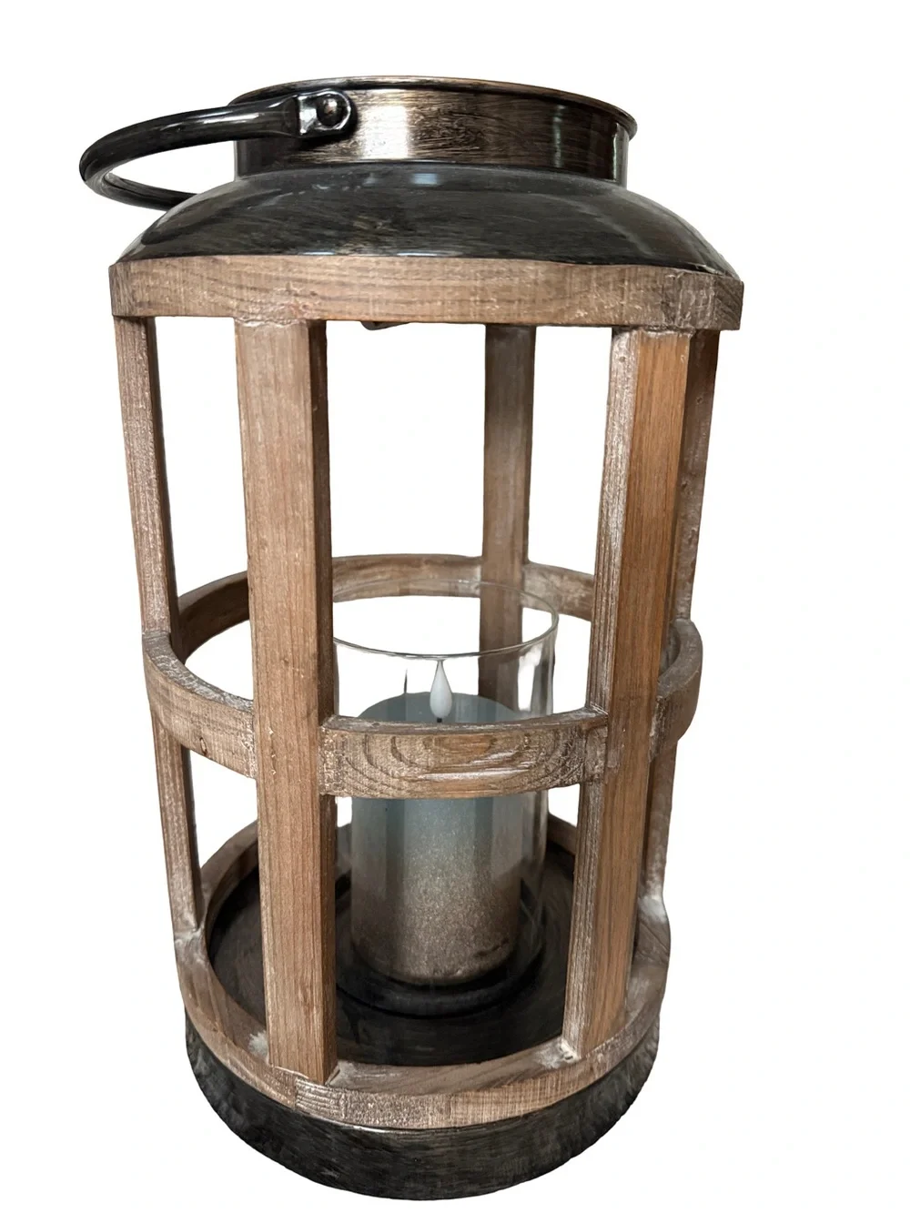 Kirklands Round Metal & Wood Glass Globe Farmhouse Candle Lantern